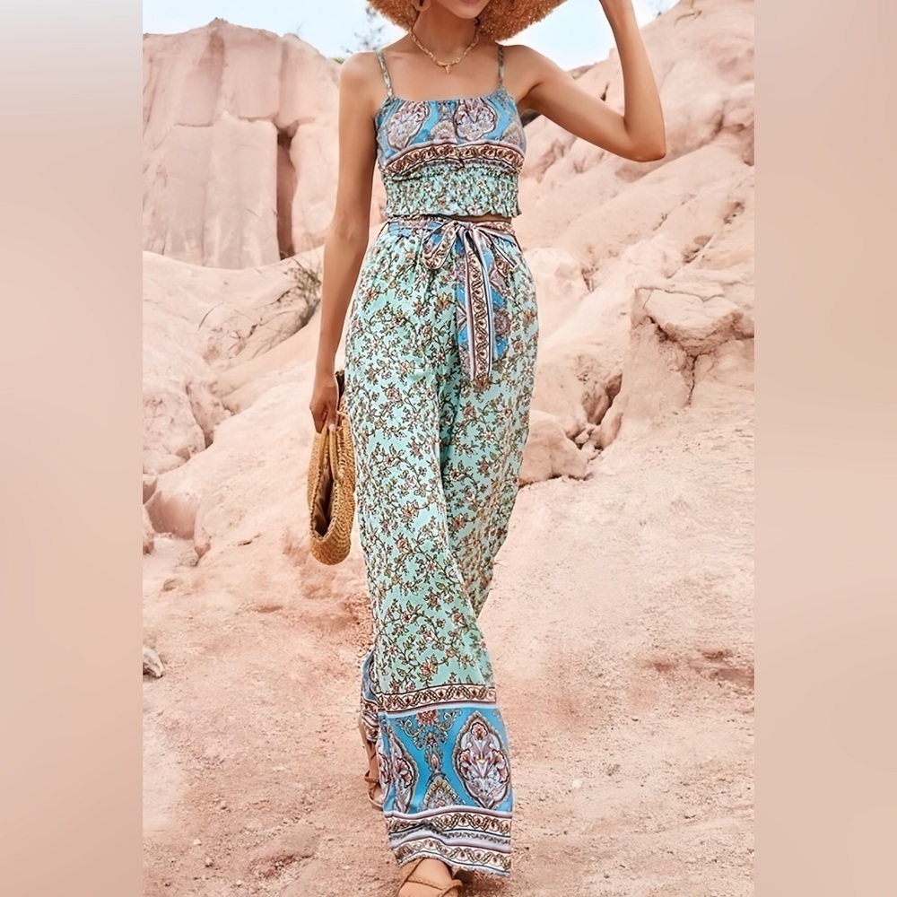 Bohemian Floral Cami Top & Wide Leg Belted Pants Two-Piece Set